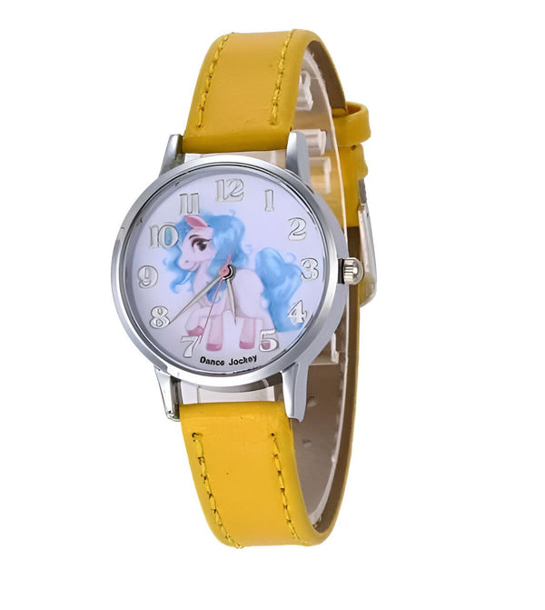 Montre pour enfants avec bracelet jaune et cadran orné d'un dessin de licorne bleue et blanche., 45502371594495 | Licorne Shop