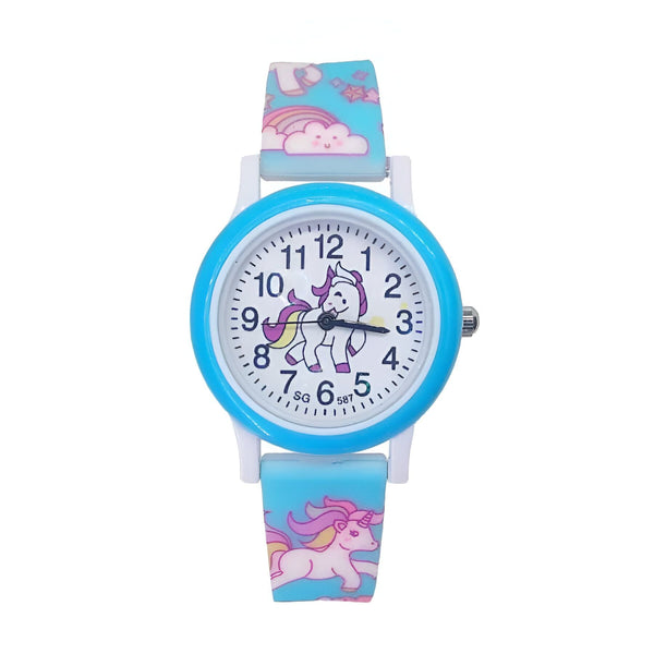 Montre pour enfant avec un bracelet bleu clair décoré de motifs de licornes et d'arcs-en-ciel. Le cadran est blanc avec un contour bleu. Au centre du cadran, une licorne. Les chiffres sont clairement visibles., 45501128573183 | Licorne Shop