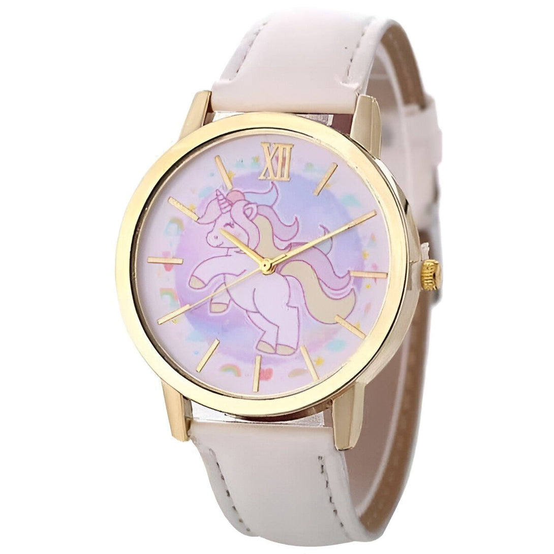 Montre pour enfant avec bracelet en cuir blanc et cadran doré orné d'un motif licorne fantaisie. Accessoire mignon pour les jeunes filles., 45501318660351 | Licorne Shop