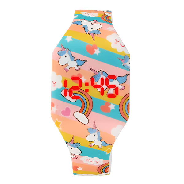 Montre numérique pour enfant avec motif licorne, arc-en-ciel et cœur. Cadran rouge affichant l'heure. Couleurs vives et joyeuses. Idéale pour apprendre l'heure avec style., 45502408687871 | Licorne Shop