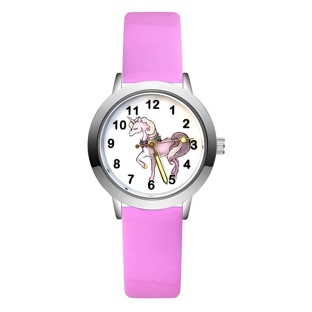 Montre pour enfant rose avec un cadran rond affichant un dessin de licorne, bracelet rose, trotteuse dorée. Accessoire fantaisie pour fille, idéal pour apprendre à lire l'heure., 45501319807231 | Licorne Shop