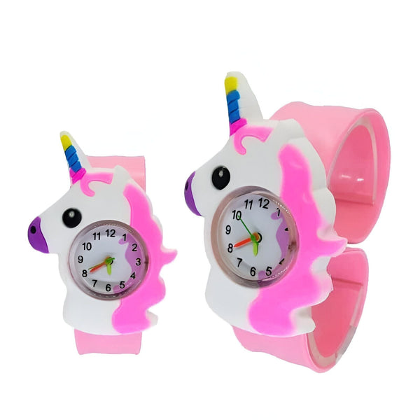 Deux montres pour enfants, à l'effigie de licornes blanches et roses, avec un cadran rond indiquant l'heure. Les bracelets sont roses., 45501715218687 | Licorne Shop