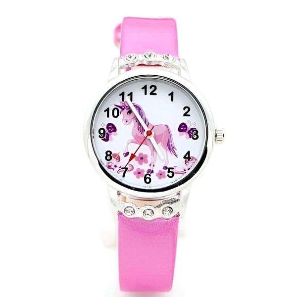 Montre pour enfant avec un bracelet rose et un cadran orné d'un dessin de licorne et de fleurs. Joli accessoire pour apprendre l'heure de manière ludique. Idée cadeau fille., 45501319020799 | Licorne Shop