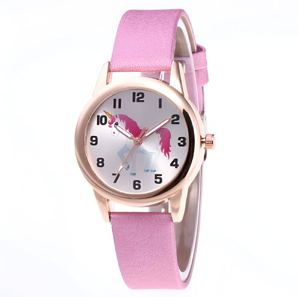 Montre pour enfant rose avec un motif de licorne sur le cadran. Aiguilles dorées et bracelet en cuir rose. Style mignon et fantaisiste pour les petites filles. Accessoire amusant et pratique pour apprendre à lire l'heure., 45501320462591 | Licorne Shop