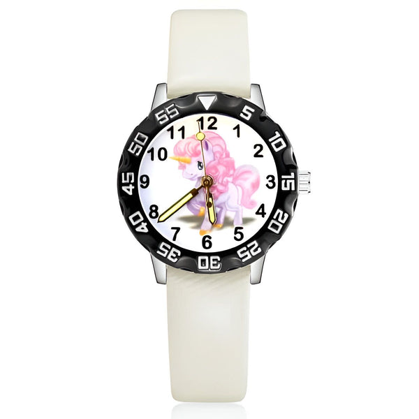Montre pour enfants avec un bracelet blanc et un cadran rond. Le cadran affiche un motif d'unicorne rose et blanc., 45501127852287 | Licorne Shop
