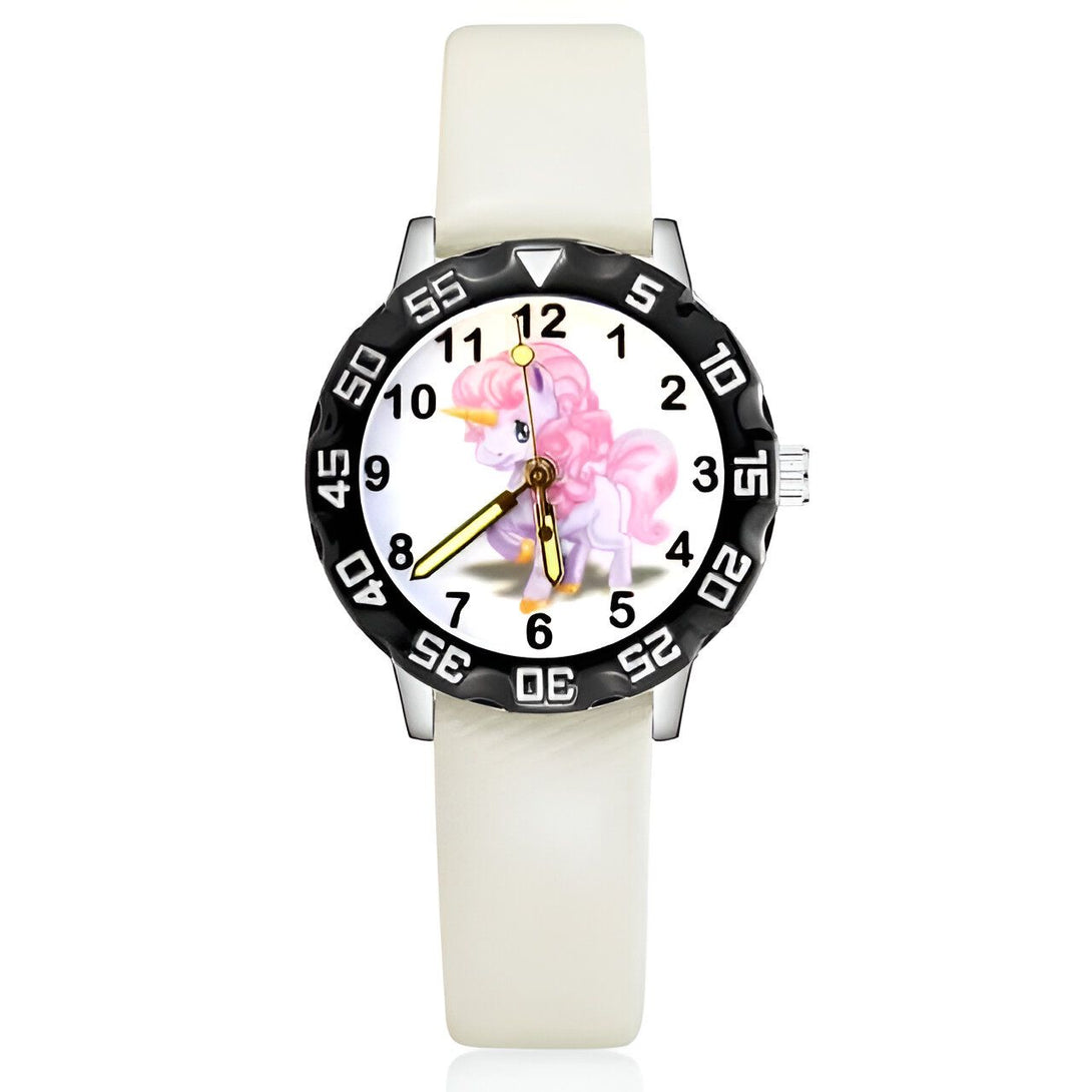 Montre pour enfants avec un bracelet blanc et un cadran rond. Le cadran affiche un motif d'unicorne rose et blanc., 45501127852287 | Licorne Shop