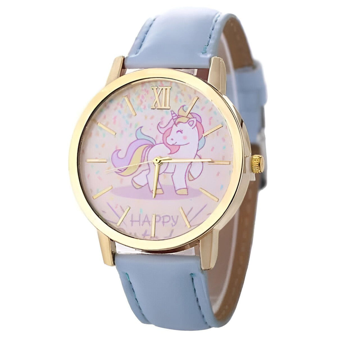 Montre pour enfant avec bracelet bleu pastel et cadran doré orné d'un motif de licorne. Inscription "Happy" sur le cadran. Accessoire de mode mignon et ludique., 45501128540415 | Licorne Shop