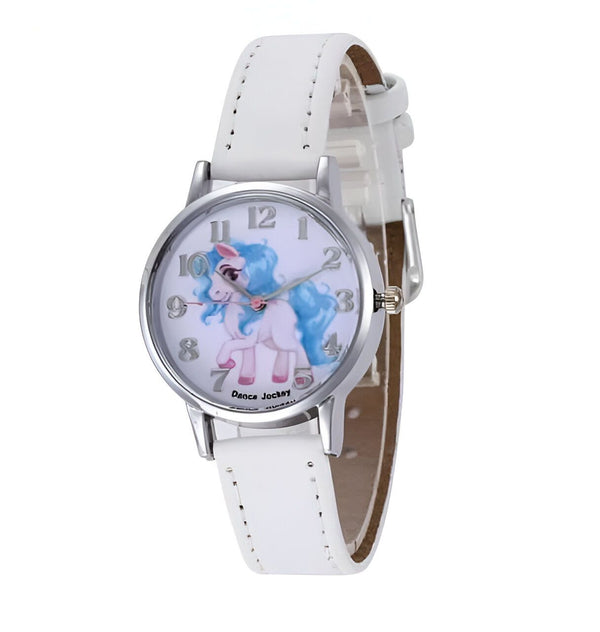 Montre pour enfant avec un bracelet blanc et un cadran orné d'un dessin de licorne avec des cheveux bleus. Accessoire idéal pour apprendre l'heure avec style., 45501963370751 | Licorne Shop