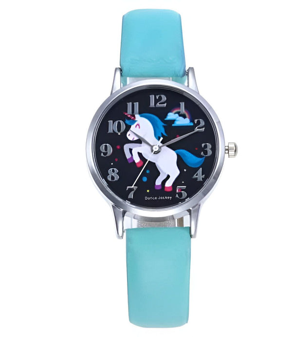 Montre pour enfant avec bracelet turquoise et cadran noir orné d'un motif de licorne blanche sous un arc-en-ciel. Idée cadeau ludique et éducative pour apprendre à lire l'heure., 45501130801407 | Licorne Shop