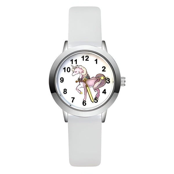 Montre enfant avec bracelet blanc et cadran argenté, motif licorne rose et dorée. Horloge pour fille, apprentissage de l'heure, accessoire de mode., 45501963698431 | Licorne Shop