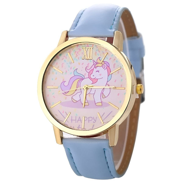 Une montre licorne avec un cadran bleu et un bracelet en cuir bleu.