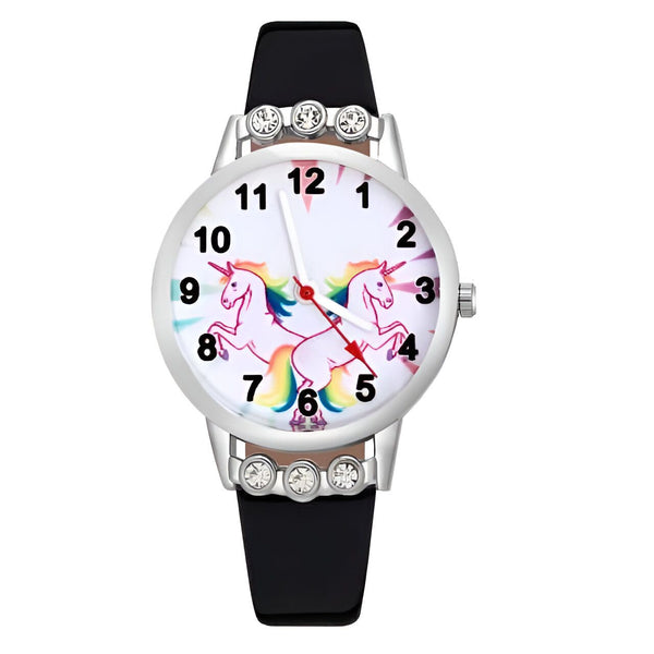 Montre pour enfant avec un bracelet noir et un cadran blanc orné de deux licornes arc-en-ciel., 45501128474879 | Licorne Shop