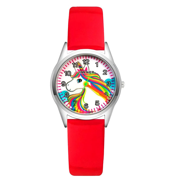 Une montre rouge avec un cadran blanc et un bracelet en cuir rouge. Le cadran de la montre est décoré d'une image de licorne.