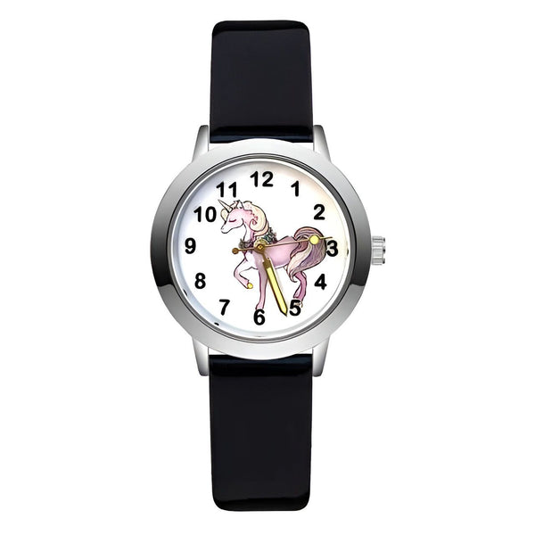 Montre pour enfant avec bracelet noir et cadran argenté. Le cadran blanc affiche un dessin de licorne rose. Les aiguilles indiquent 5h31., 45501128081663 | Licorne Shop