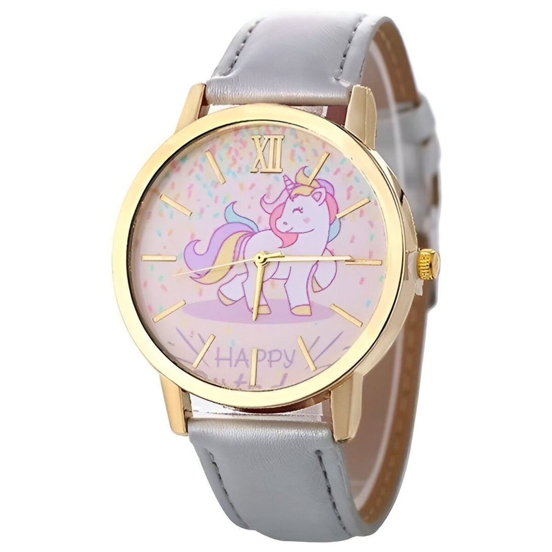 Une montre licorne avec un cadran rose et un bracelet en cuir gris.