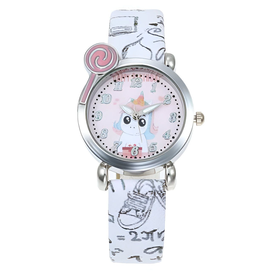 Montre pour enfant avec bracelet à motifs, cadran rose avec un dessin de licorne et une sucette décorative. Accessoire amusant et éducatif pour apprendre à lire l'heure., 45501127753983 | Licorne Shop