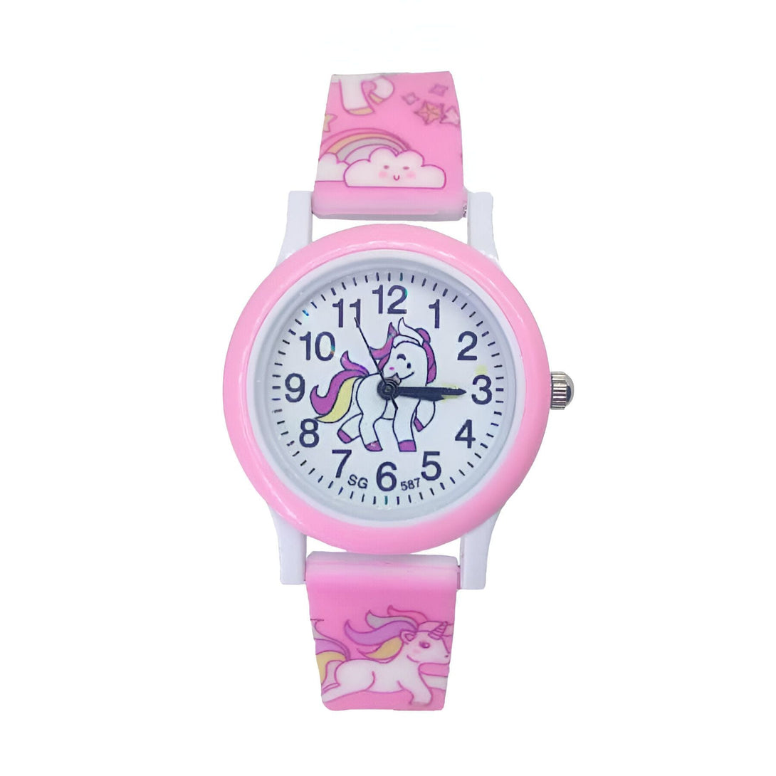 Montre pour enfant rose avec des motifs de licornes et d'arc-en-ciel sur le bracelet et un dessin de licorne sur le cadran, idéale pour apprendre l'heure de manière ludique. Accessoire mignon et éducatif pour les petites filles., 45501320364287 | Licorne Shop