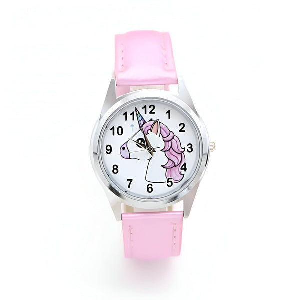 Montre pour enfant rose avec cadran licorne, bracelet en cuir rose, aiguilles indiquant l'heure. Accessoire mignon et éducatif pour les petites filles., 45501318922495 | Licorne Shop