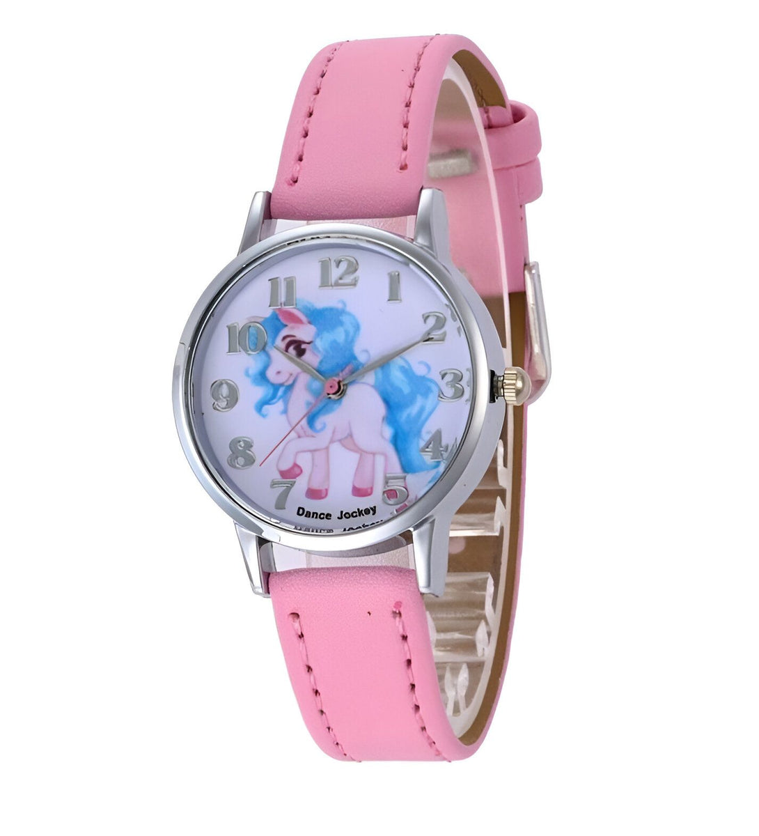 Une montre rose avec un bracelet en cuir et un cadran rond avec une image de poney.