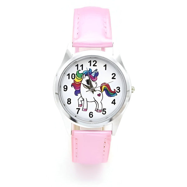 Montre enfant rose avec un cadran blanc affichant un dessin de licorne colorée. Indique les heures et les minutes. Accessoire idéal pour apprendre l'heure de manière ludique., 45501794681087 | Licorne Shop
