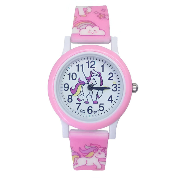 Montre pour enfant rose et blanche à motif licorne. Cadran avec chiffres et aiguilles clairs, bracelet orné de dessins de licornes et d'arcs-en-ciel. Accessoire idéal pour apprendre à lire l'heure de manière ludique., 45501316956415 | Licorne Shop