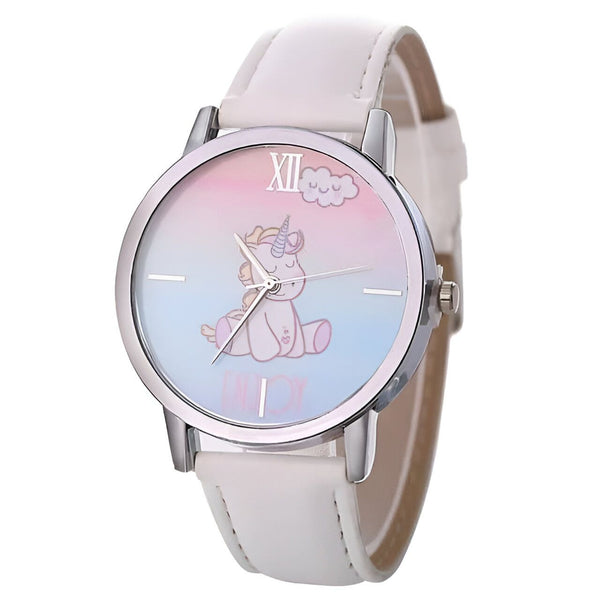 Montre-bracelet pour enfant avec bracelet en cuir blanc et cadran rose-bleu orné d'un dessin de licorne assise et du mot « Enjoy »., 45501968777471 | Licorne Shop