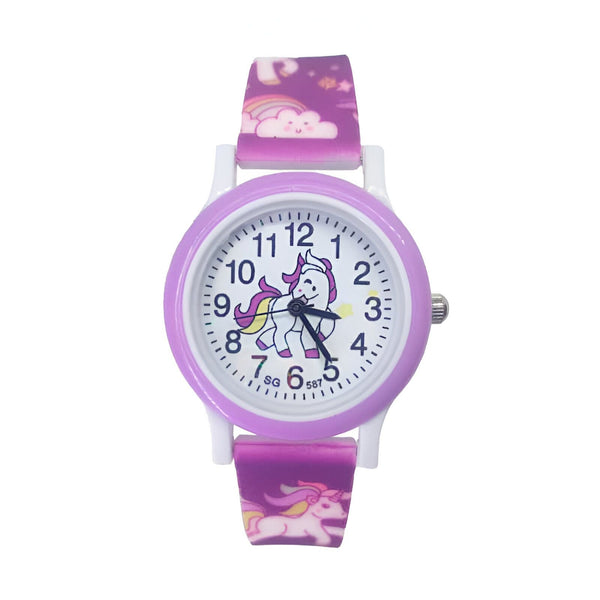 Montre pour enfant avec un motif de licorne sur le cadran et le bracelet. Bracelet violet avec des nuages et des arcs-en-ciel. Montre éducative pour apprendre l'heure. Accessoire mignon pour les enfants., 45501323510015 | Licorne Shop