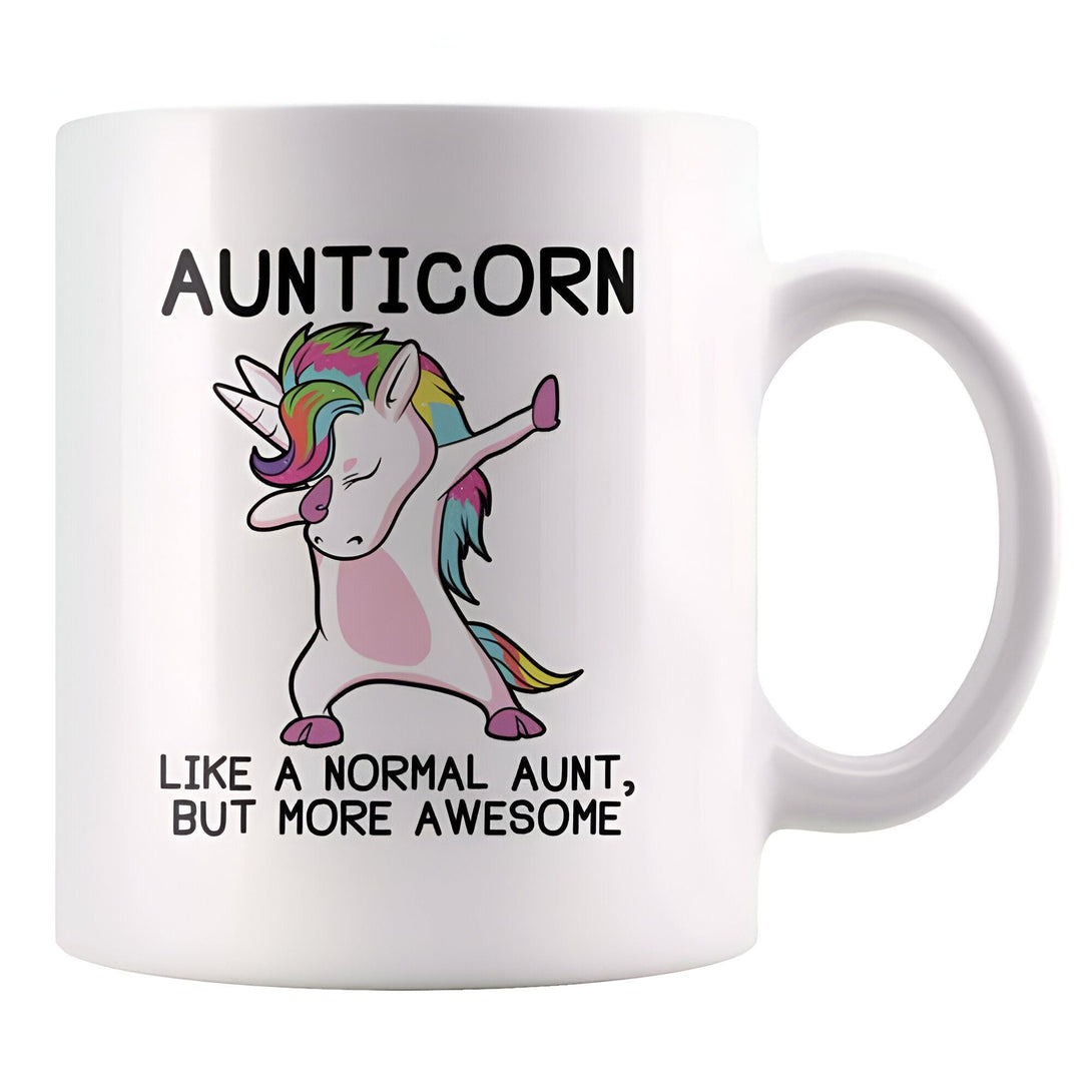 Tasse blanche avec texte "Aunticorn" et licorne faisant un dab. Inscription : "Like a normal aunt, but more awesome". Cadeau rigolo pour tante., 45501199745279 | Licorne Shop