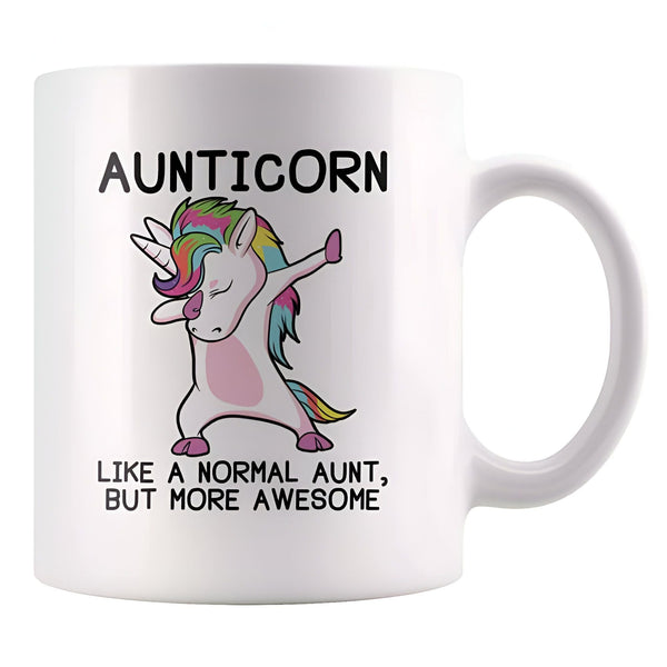 Tasse blanche avec texte "Aunticorn" et licorne faisant un dab. Inscription : "Like a normal aunt, but more awesome". Cadeau rigolo pour tante., 45501199745279 | Licorne Shop