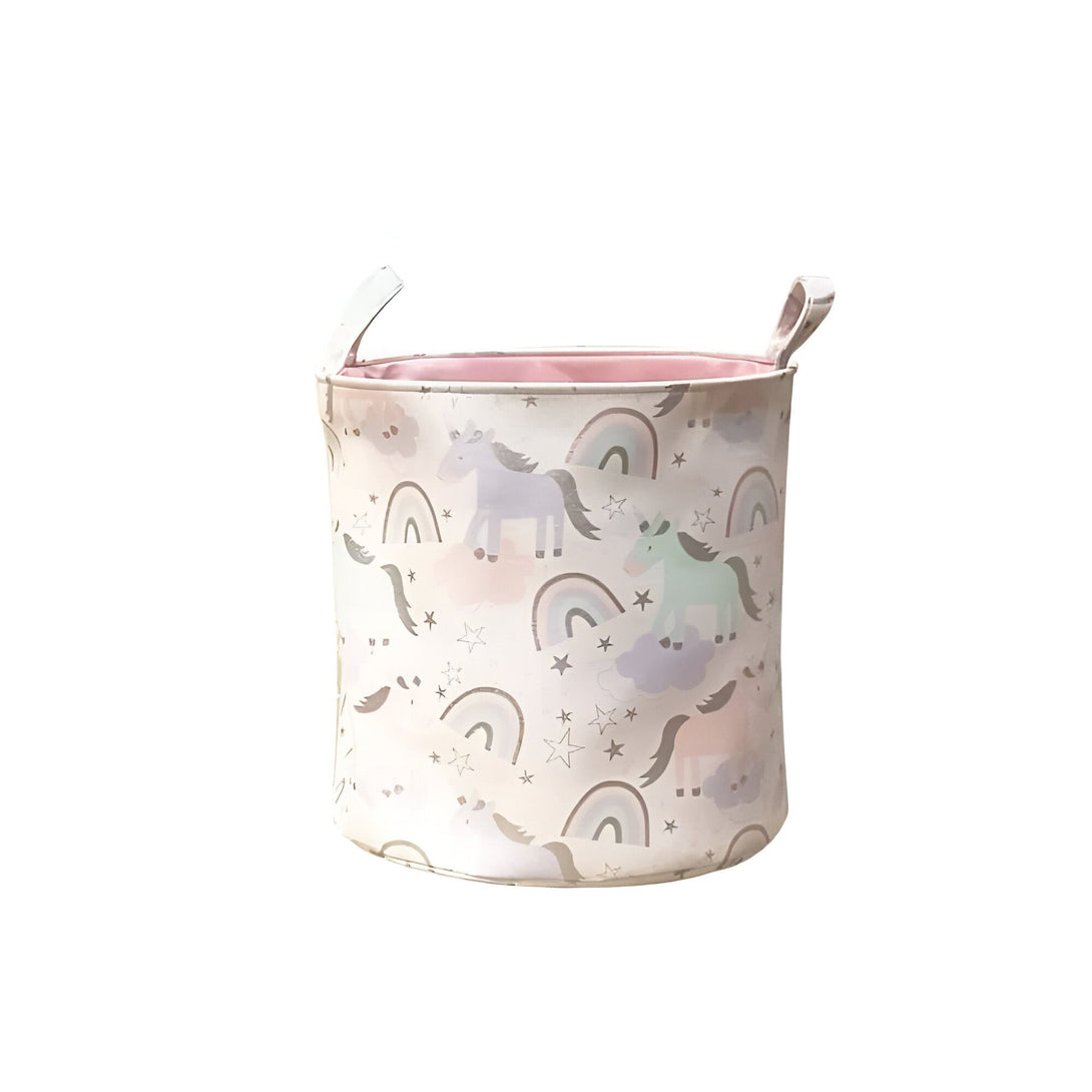 Panier de rangement pour enfants avec motif licornes et arcs-en-ciel. Organisateur de jouets en tissu rose et blanc, idéal pour la chambre d'enfant. Accessoire de décoration pratique et mignon., 45502415831295 | Licorne Shop