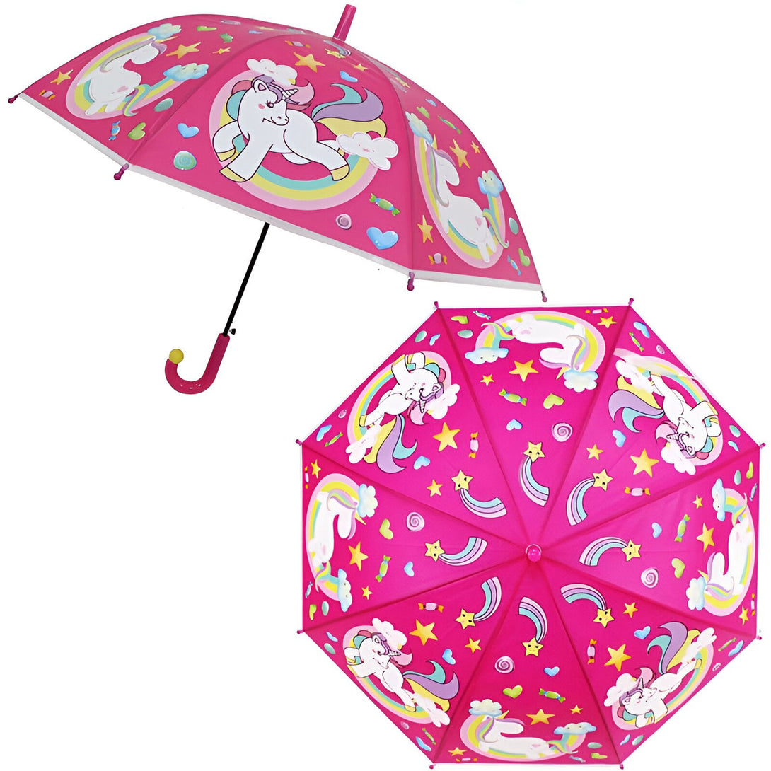 Parapluie rose avec motifs de licornes, d'arcs-en-ciel et d'étoiles. Deux vues du parapluie : ouvert et fermé. Accessoire de mode pour enfants, thème féerique et coloré., 45501180772607 | Licorne Shop