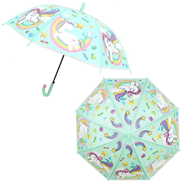 Parapluies pour enfants bleu clair avec motifs de licornes et arc-en-ciels. Un parapluie est ouvert et l'autre fermé, montrant le design. Idéal pour les jours de pluie., 45501180870911 | Licorne Shop