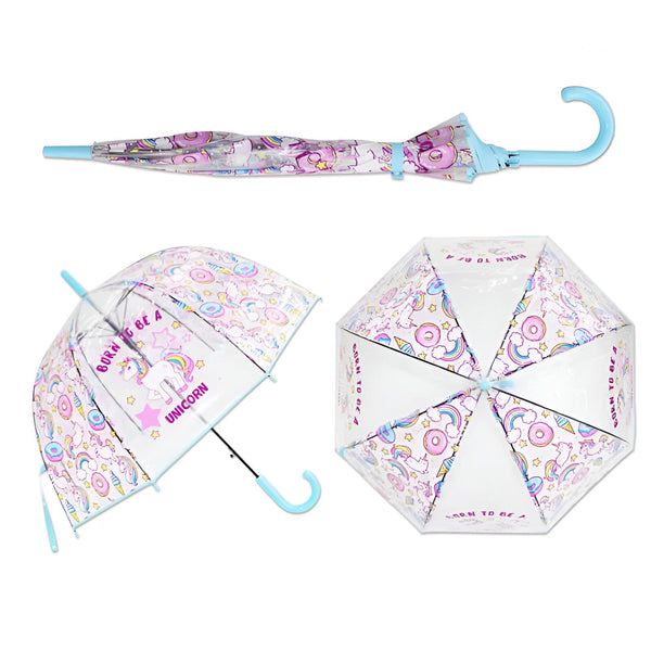 Parapluie transparent pour enfant avec motif licorne, présenté fermé, ouvert de côté et vu du dessus. Poignée et bordure bleu clair., 45501167436031 | Licorne Shop