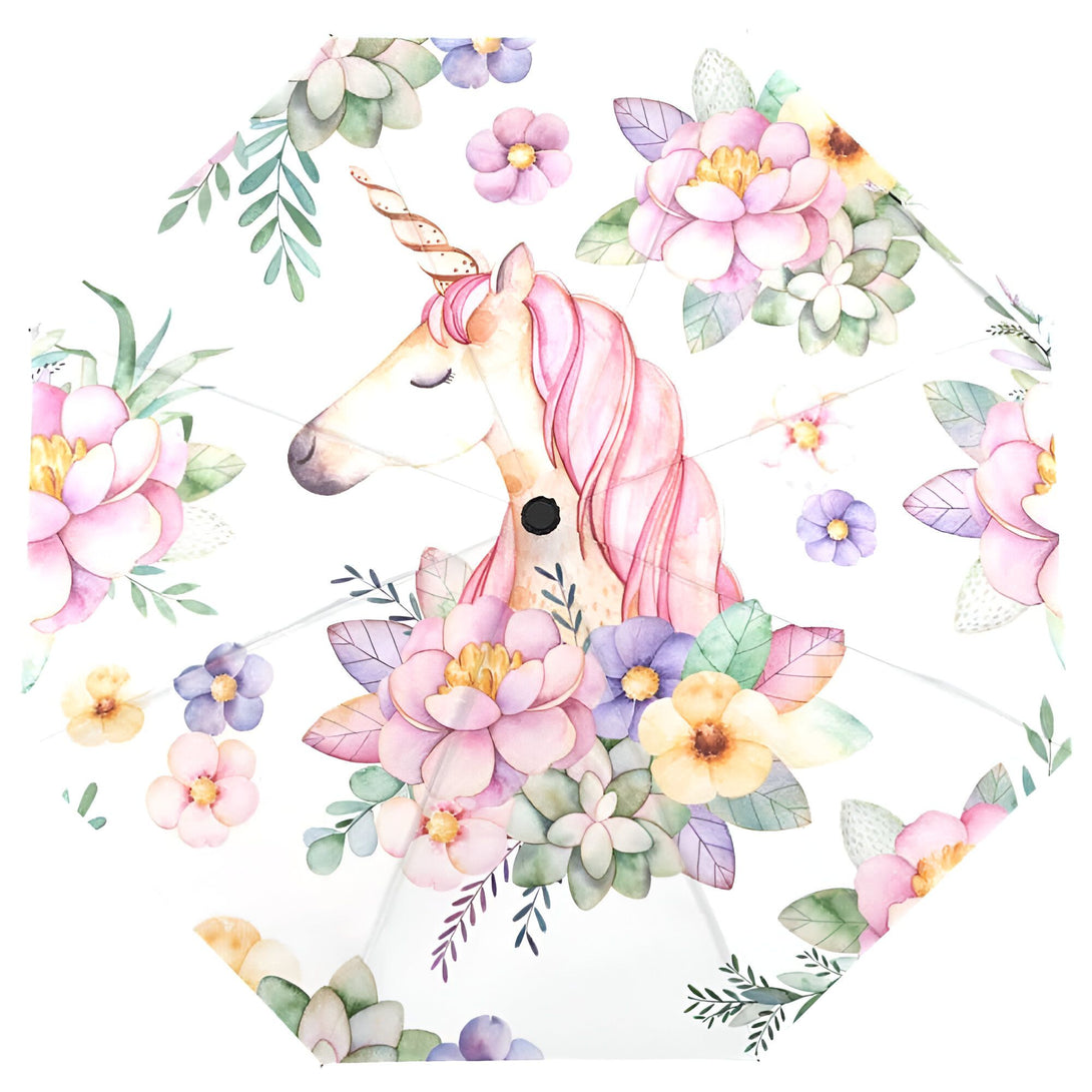 Image d'un motif d'aquarelle présentant une licorne à la crinière rose entourée de fleurs. Le fond est blanc., 45501179363583 | Licorne Shop
