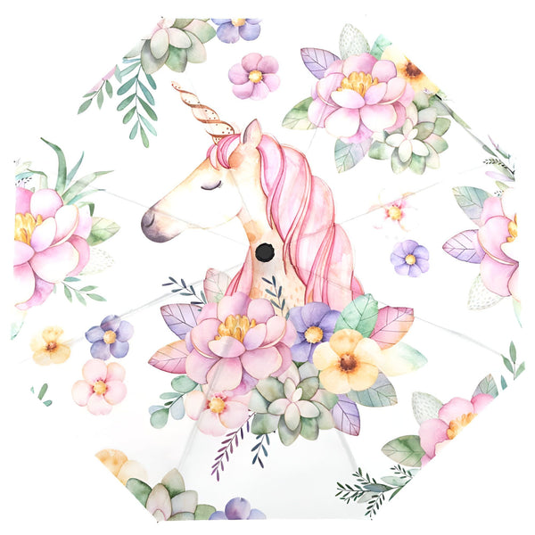 Image d'un motif d'aquarelle présentant une licorne à la crinière rose entourée de fleurs. Le fond est blanc., 45501179363583 | Licorne Shop