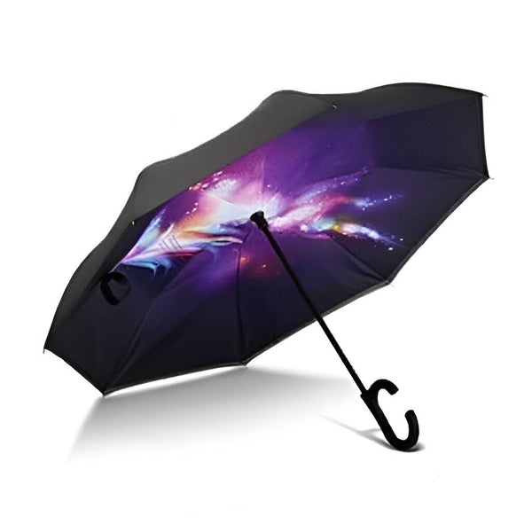 Parapluie inversé noir avec un motif abstrait coloré. Poignée en forme de C., 45501178675455 | Licorne Shop
