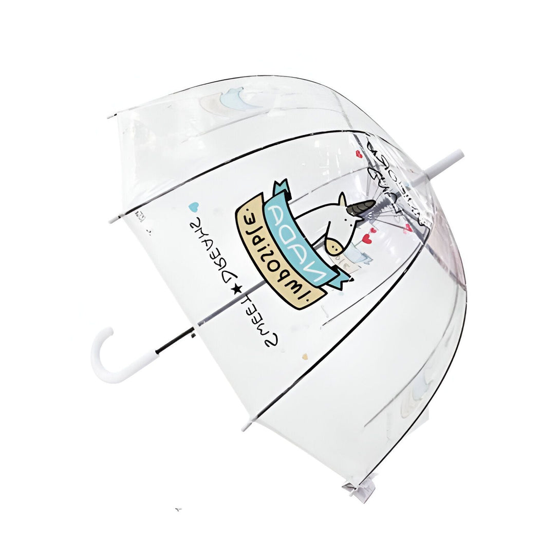 Parapluie transparent pour enfants avec un motif de cheval et des inscriptions amusantes. Design mignon et ludique. Accessoire de mode et de protection contre la pluie., 45501167665407 | Licorne Shop