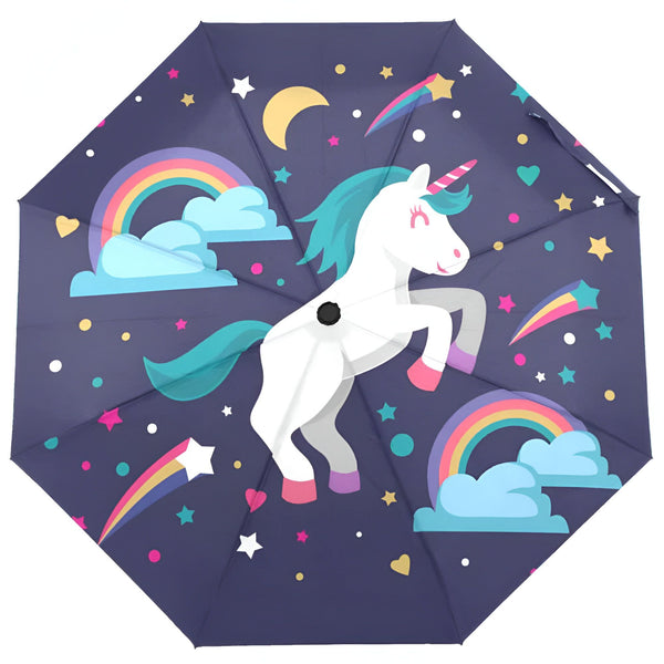 Parapluie bleu marine avec un motif de licorne blanche cabrée, des arcs-en-ciel, des nuages, des étoiles et une lune. Design fantaisiste et coloré, idéal pour les enfants., 45501181460735 | Licorne Shop