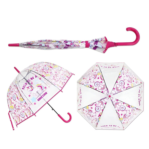 Ensemble de trois parapluies transparents pour enfants, avec motifs d'unicorne, arc-en-ciel, beignes et étoiles roses, un fermé, un ouvert vu de côté et un ouvert vu de dessus., 45501181395199 | Licorne Shop