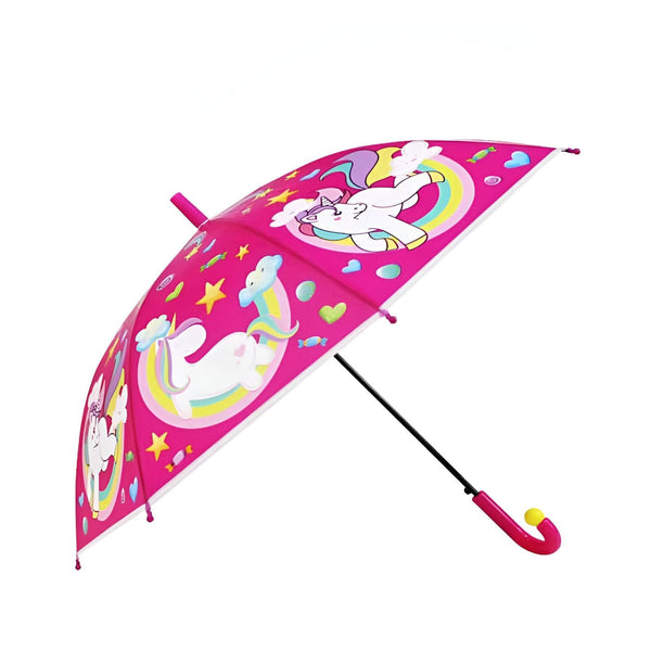 Parapluie rose vif avec des motifs de licornes, d'étoiles, de cœurs et d'arcs-en-ciel, parfait pour les enfants. Manche courbé rouge et embout jaune., 45501180543231 | Licorne Shop
