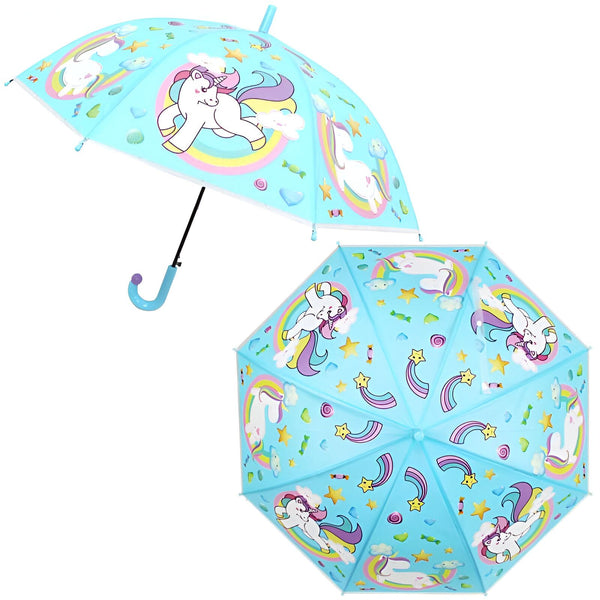 Parapluie bleu clair avec motif de licornes et arc-en-ciels. Vu de côté ouvert et de face fermé. Style enfantin, couleurs vives. Accessoire de pluie pour enfants., 45501181067519 | Licorne Shop