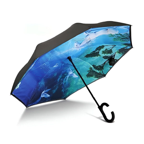 Parapluie inversé avec motif de paysage bleu et vert, poignée en forme de C. Accessoire de mode pour la pluie., 45501167042815 | Licorne Shop
