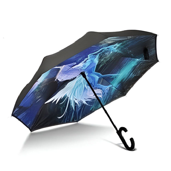 Parapluie inversé noir avec motif abstrait bleu et blanc, poignée en forme de "C"., 45501166911743 | Licorne Shop