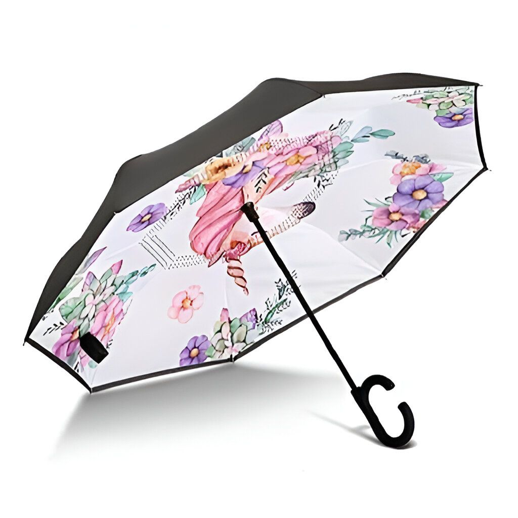 Parapluie inversé noir et blanc avec motif de licorne et fleurs., 45501178609919 | Licorne Shop