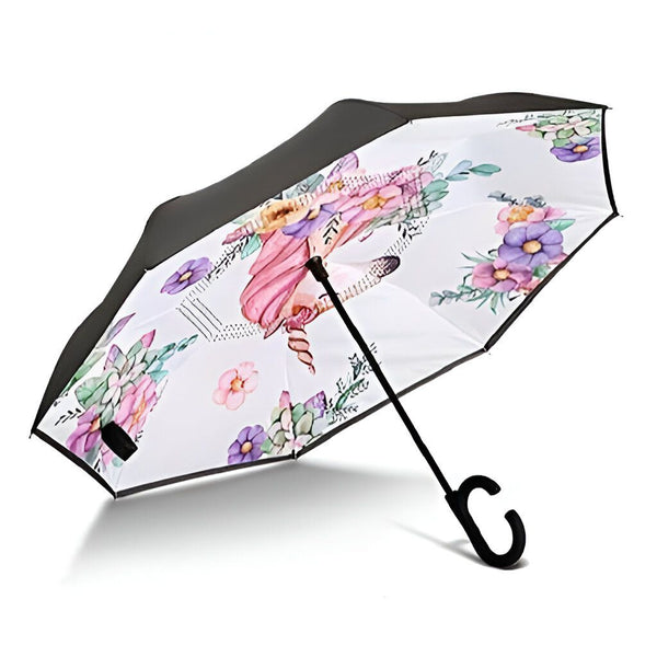 Parapluie inversé noir et blanc avec motif de licorne et fleurs., 45501178609919 | Licorne Shop