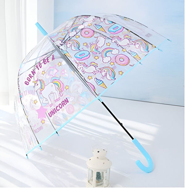 Parapluie transparent pour enfants avec motifs de licornes, donuts et arcs-en-ciel, manche bleu pastel. Accessoire de mode ludique pour les jours de pluie. "Born to be a Unicorn" écrit sur la toile., 45501178577151 | Licorne Shop