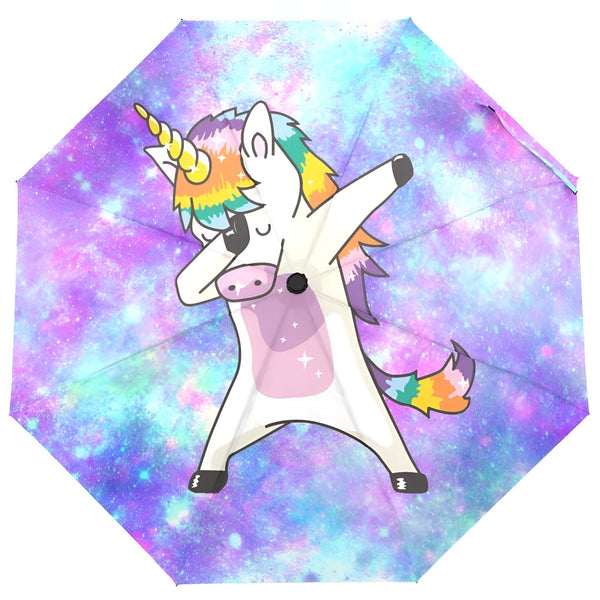 Parapluie ouvert avec motif d'un licorne blanc faisant un dab sur un fond cosmique violet et bleu. Crinière et queue aux couleurs arc-en-ciel., 45501178872063 | Licorne Shop