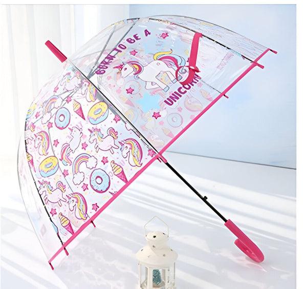 Parapluie transparent avec motifs d'unicorne, de beignets et d'arcs-en-ciel. Bords et poignée roses. Idéal pour les enfants, accessoire de mode fantaisiste et ludique., 45501178773759 | Licorne Shop