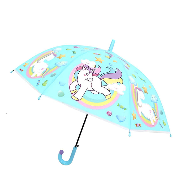 Parapluie bleu clair avec motifs de licornes, arcs-en-ciel et étoiles. Idéal pour les enfants, il les protégera de la pluie avec style grâce à ses illustrations fantaisistes et colorées. Accessoire de mode amusant et pratique., 45501168124159 | Licorne Shop