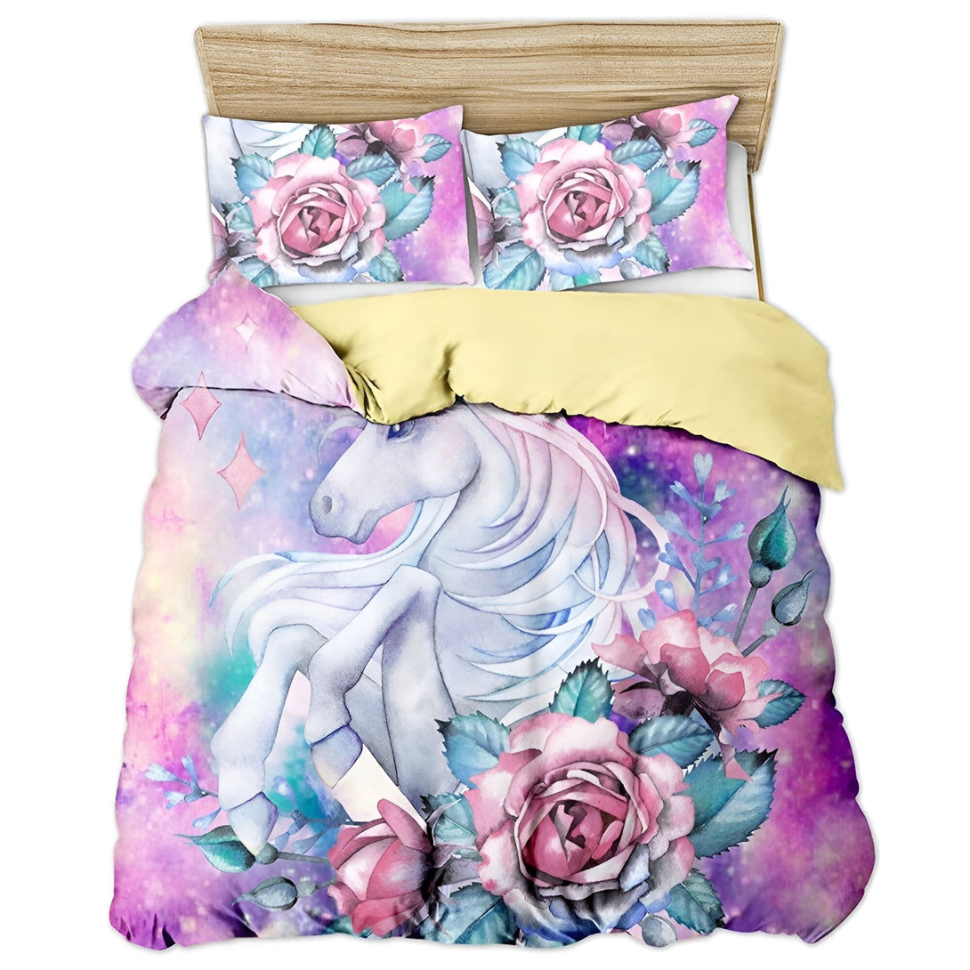 licorne blanche avec des roses roses et des feuilles vertes sur un fond violet et jaune